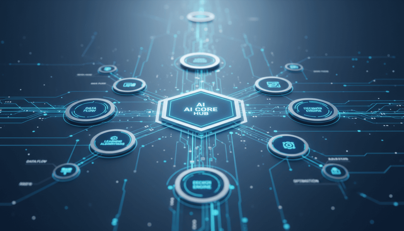 Abstract network of AI processes and automation features in blues and silvers, symbolizing intelligent systems and complex workflows.