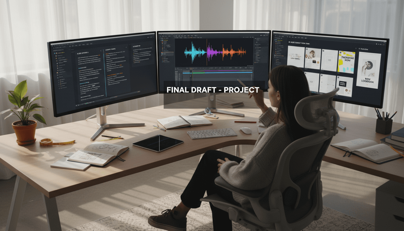 Creator workspace with AI-generated content drafts on multiple displays