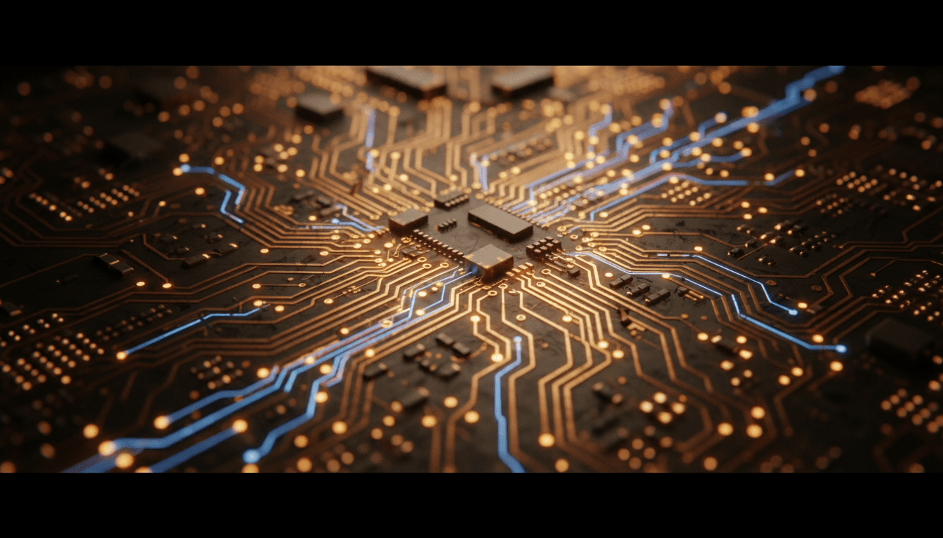 Circuit board with glowing neural connections